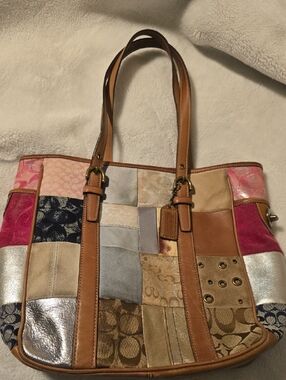 Patchwork Leather Tote Bag in Pink, Tan, Metallic